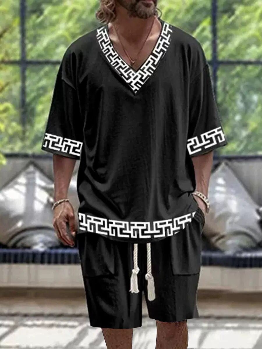Men's Casual Two-Piece Shorts Set with Geometric Trim
