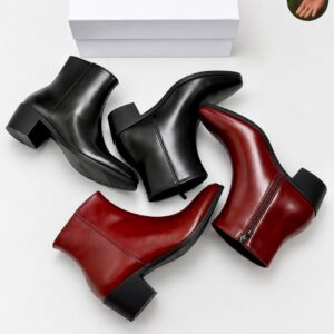 Men's Pointed-Toe Leather Ankle Boots with Block Heel