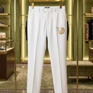 Men's White Tailored Trousers | Gold Embroidered Dress Pants