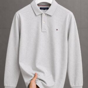 Men's Grey Long Sleeve Polo Shirt | Slim Fit Cotton Piqué Top