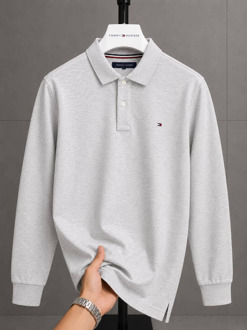 Men's Grey Long Sleeve Polo Shirt | Slim Fit Cotton Piqué Top
