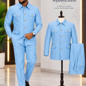 Men's Sky Blue Safari Suit | 2-Piece Luxury Jacket & Trousers