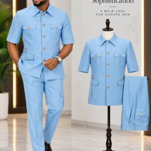 Men's Short-Sleeve Safari Suit in Sky Blue | 2-Piece Bush Outfit