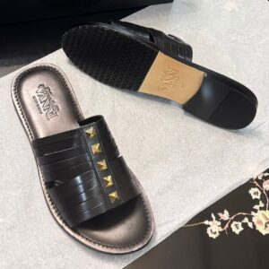 Men's Black Leather Slide Sandals | Gold Studded Luxury Slides