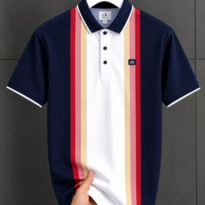 Men's Striped Short-Sleeve Polo Shirt | Navy Colorblock Top